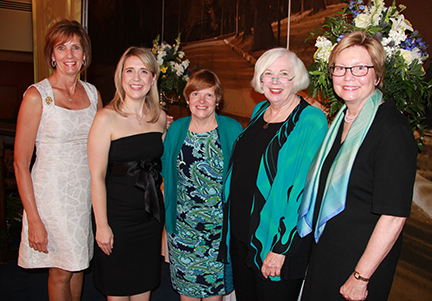 The 2015 Alumnae Association Award recipients pose with President Carol Ann Mooney, right from center. Pictured from left to right are Catherine Hammel Frischkorn ’75, Janet Gay Horvath ’00, Anne Connolly ’80, and Pamela Carey Batz ’70.